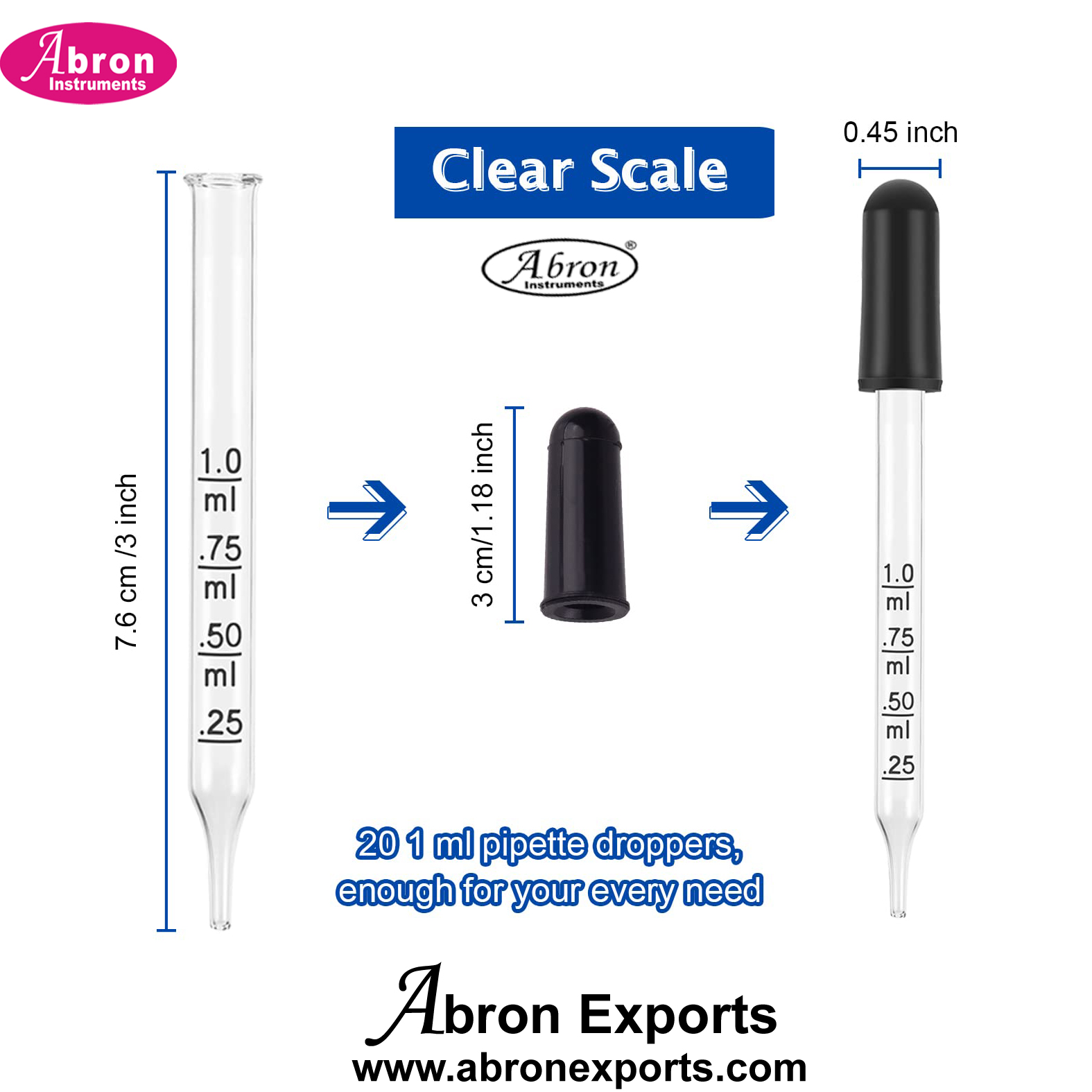 Droppers Glass with Scale 1ml With Rubber Teat 20pc Abron ABM-1528DG 